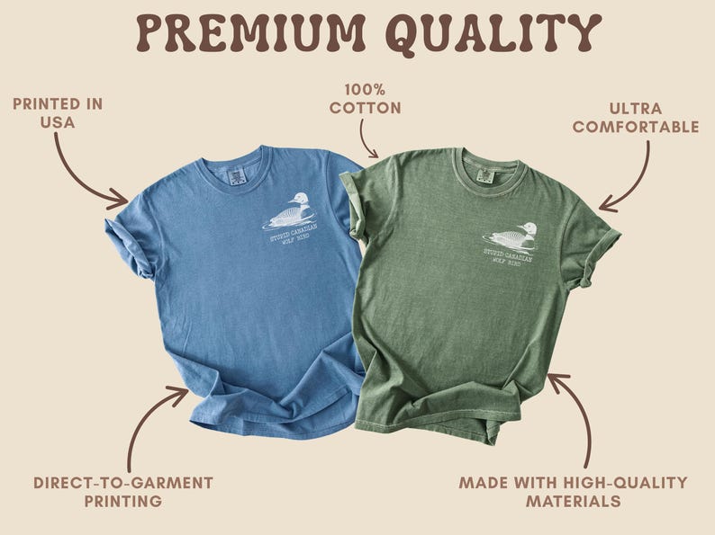 May include: Two t-shirts, one blue and one green, with a white graphic of a duck and the text "STUDIO CAROLINAS GOLF CLUB 2020". The shirts are made of 100% cotton and are ultra comfortable. The shirts are printed in the USA.