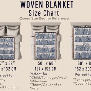 May include: A size chart for woven blankets, displayed on a queen-size bed. The chart shows three blanket sizes: 37" x 52", 50" x 60", and 60" x 80". Each blanket features a blue and white bookshelf design with the name "Emily".