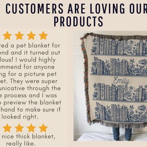May include: A cream-colored throw blanket with a blue bookshelf design and the name "Emily" in script. The blanket has a fringed edge and is decorated with floral accents. The text "CUSTOMERS ARE LOVING OUR PRODUCTS" is at the top.