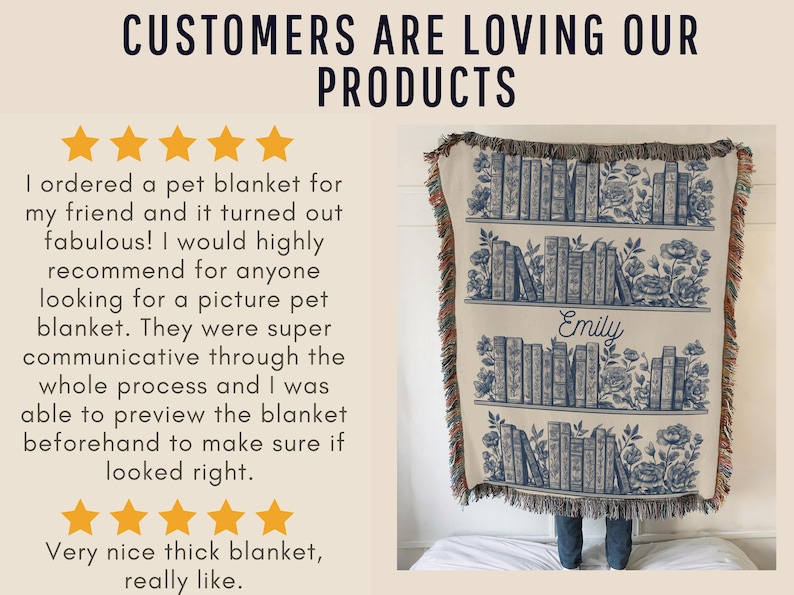 May include: A cream-colored throw blanket with a blue bookshelf design and the name "Emily" in script. The blanket has a fringed edge and is decorated with floral accents. The text "CUSTOMERS ARE LOVING OUR PRODUCTS" is at the top.