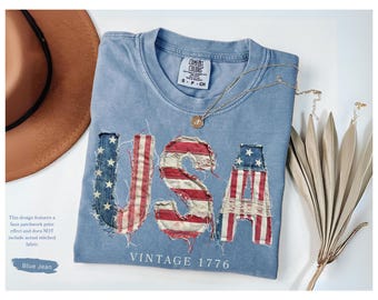Comfort Colors® 4th of July Shirt, FAUX Patchwork USA Shirt, Retro American Shirt, Patriotic Shirt, Fourth of July Shirt, Patriotism shirt