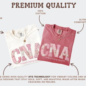 May include: Two t-shirts, one cream and one red, are shown. Each shirt features the letters "CNA" in a patchwork design with floral and gingham patterns. The text "certified nursing assistant" is below. The shirts are labelled "Premium Quality" and "100% Cotton."