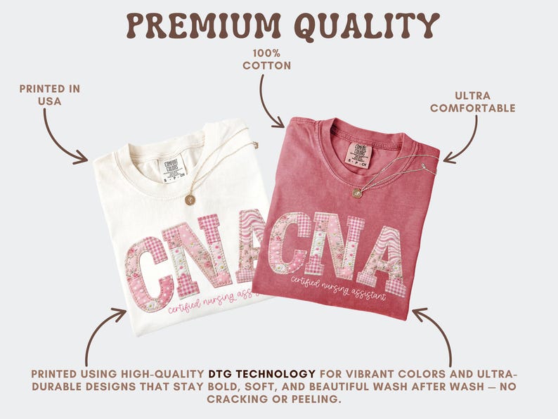 May include: Two t-shirts, one cream and one red, are shown. Each shirt features the letters "CNA" in a patchwork design with floral and gingham patterns. The text "certified nursing assistant" is below. The shirts are labelled "Premium Quality" and "100% Cotton."