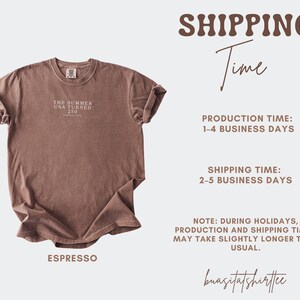 May include: Espresso-colored t-shirt with rolled sleeves. The shirt features the text "THE SUMMER USA TURNED 250" in a minimalist font. The shirt is a solid color and has a classic crew neck.