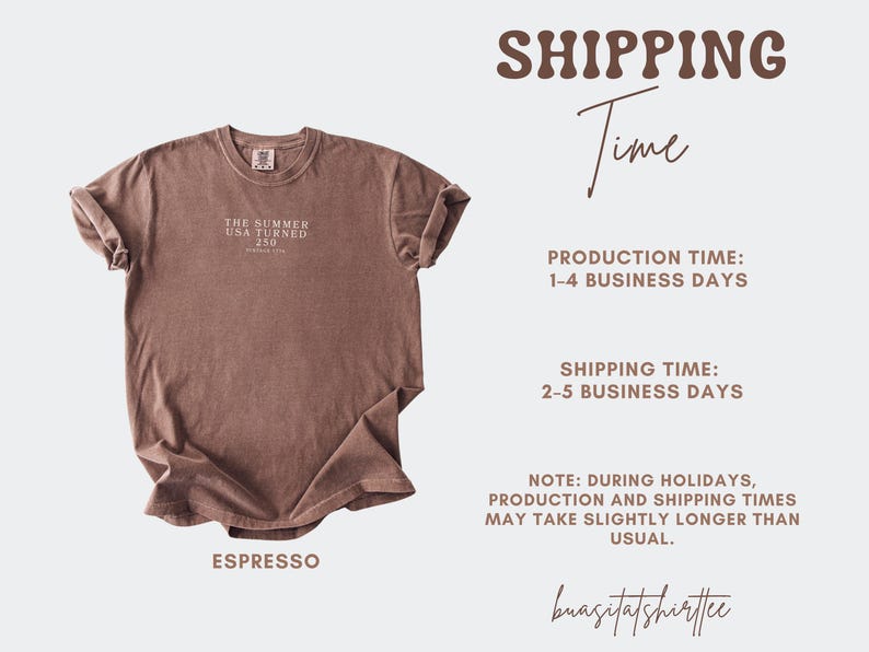 May include: Espresso-colored t-shirt with rolled sleeves. The shirt features the text "THE SUMMER USA TURNED 250" in a minimalist font. The shirt is a solid color and has a classic crew neck.