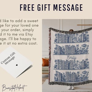 May include: A cream-colored throw blanket featuring a blue and white bookshelf design with the name "Emily" printed on it. The blanket has a fringed edge and is displayed with a gift message card. The text "FREE GIFT MESSAGE" is at the top.