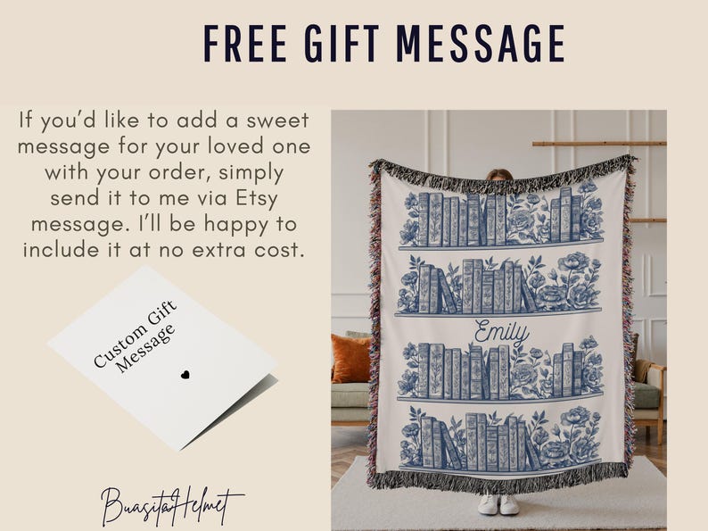May include: A cream-colored throw blanket featuring a blue and white bookshelf design with the name "Emily" printed on it. The blanket has a fringed edge and is displayed with a gift message card. The text "FREE GIFT MESSAGE" is at the top.