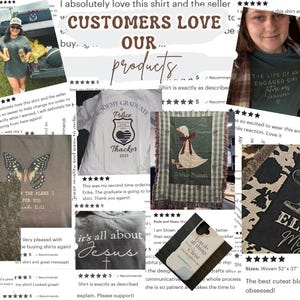 May include: A collage of customer product reviews. Featured items include t-shirts with text and graphics, a phone case with photos, a woven blanket with a cowboy boot design, and a decorative goose blanket. The reviews highlight customer satisfaction.
