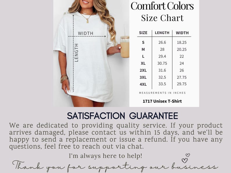 Puede incluir: Camiseta unisex Comfort Colors blanca con una tabla de tallas. La tabla muestra las medidas en pulgadas para las tallas S a 4XL. Tambi&eacute;n es visible el texto "1717 Unisex T-Shirt". La imagen tambi&eacute;n incluye una garant&iacute;a de satisfacci&oacute;n.