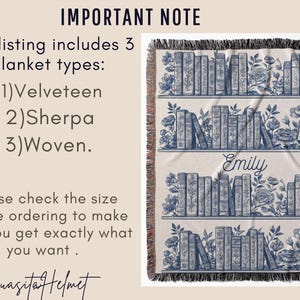 May include: Woven blanket with a blue and white bookshelf design, featuring the name "Emily." The blanket has a fringed edge and floral accents. The text on the image says "IMPORTANT NOTE" and lists the blanket types.
