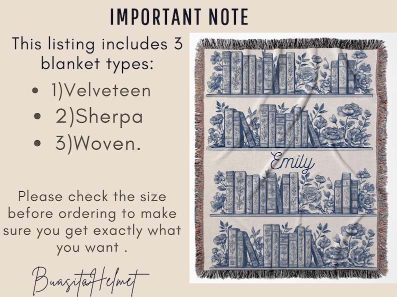 May include: Woven blanket with a blue and white bookshelf design, featuring the name "Emily." The blanket has a fringed edge and floral accents. The text on the image says "IMPORTANT NOTE" and lists the blanket types.