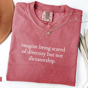 May include: Crimson-colored t-shirt with the text "imagine being scared of diversity but not dictatorship." A gold necklace with a pendant rests on the shirt. A brown hat and dried plant are also in the image.
