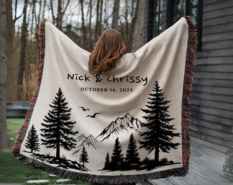 Personalized Cotton Anniversary Blanket, Mountain Throw With Names, Outdoor Couple Gift, Custom Nature Wedding Blanket, Hiking Adventure