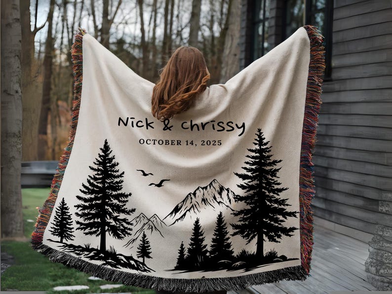 Personalized Cotton Anniversary Blanket, Mountain Throw With Names, Outdoor Couple Gift, Custom Nature Wedding Blanket, Hiking Adventure