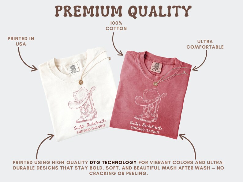 May include: Two t-shirts, one white and one red, are displayed. Each shirt features a cowboy hat and boot design with the text "Emily's Bachelorette Chicago Illinois." The shirts are made of 100% cotton and are printed in the USA.