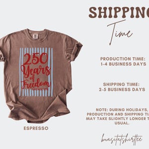 Woman wearing espresso Comfort Colors patriotic shirt featuring “250 Years of Freedom Vintage 1776” retro red and blue design for Fourth of July celebration