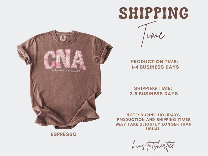 May include: Espresso-coloured t-shirt with the letters "CNA" in a floral and patterned design. The text "certified nursing assistant" is below the letters. The shirt has rolled-up sleeves.