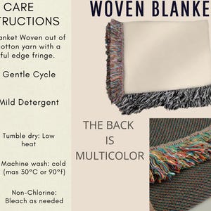 May include: Woven blanket with a cream-colored top and a multicolored fringe. The back of the blanket is multicolored. Care instructions include gentle cycle, mild detergent, tumble dry low heat, and machine wash cold.