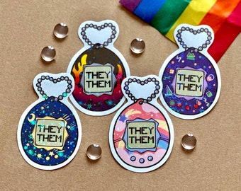 Tamagotchi Pronoun Sticker: 90s Nostalgia Vinyl Decal