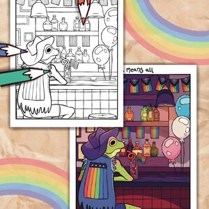May include: A cartoon frog wearing a rainbow vest and a cowboy hat sits at a bar with a rainbow flag and a drink. The text "y'all means all" is written above the bar.