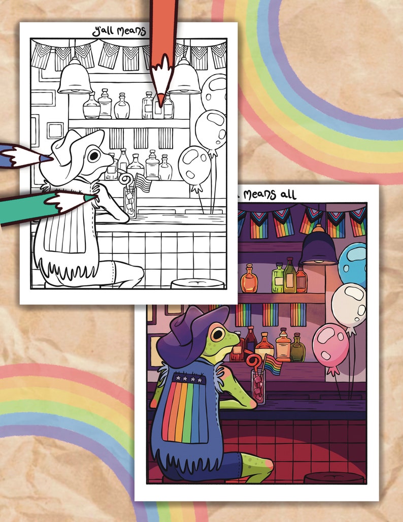 May include: A cartoon frog wearing a rainbow vest and a cowboy hat sits at a bar with a rainbow flag and a drink. The text "y'all means all" is written above the bar.