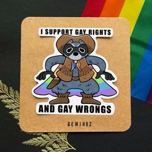 LGBTQ+ PRIDE - Dummer Waschbär Cowboy - I Support Gay Right And Gay Wrongs - glänzender Vinyl-Aufkleber für Laptops, Journals, Wasserflaschen usw