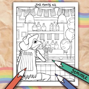May include: A black and white line drawing of a frog wearing a hat and a vest with stars and stripes. The frog is sitting at a bar with a drink in front of it. The text "y'all means all" is at the top of the image.