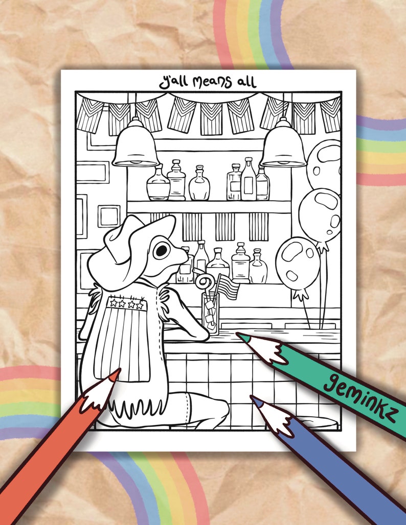 May include: A black and white line drawing of a frog wearing a hat and a vest with stars and stripes. The frog is sitting at a bar with a drink in front of it. The text "y'all means all" is at the top of the image.