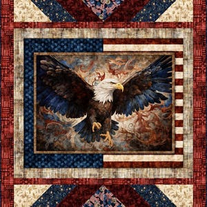 May include: A rectangular quilt featuring a central panel of a bald eagle in flight against a stylized American flag background. The border consists of red, white, and blue star and flag patterns with a dark red outer frame and cream accents.