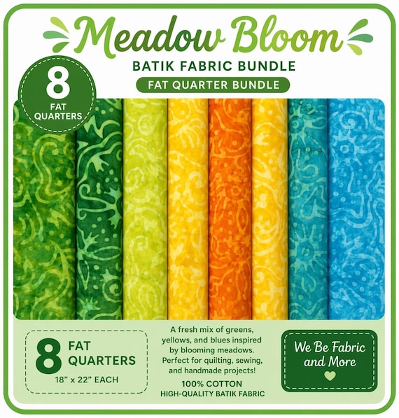 Meadow Bloom Batik Bundle 8 Fat Quarters – Riley Blake Batik Fabric Bundle, Green Yellow Blue Quilting Fabric, Nature FQ Set