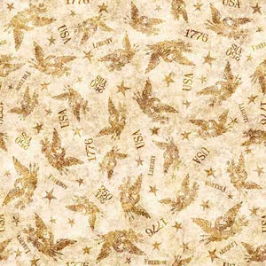 May include: A beige fabric with a repeating pattern of golden brown eagles, five-pointed stars, and the text USA, 1776, 250 YRS, LIBERTY, and FREEDOM. The background has a mottled, parchment-like texture with a vintage, aged appearance.