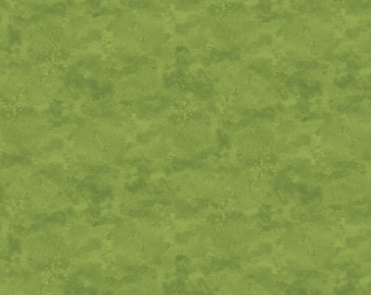 May include: A solid piece of fabric featuring a mottled, textured surface in various shades of lime and olive green. The pattern displays a soft, blended appearance with darker and lighter green patches creating a subtle, organic, and uneven visual effect across the entire material.