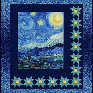 May include: A rectangular quilt featuring a central panel depicting a swirling night sky with a crescent moon, stars, and a village landscape. The panel is framed by a dark blue border adorned with a repeating pattern of teal stars with yellow centers.