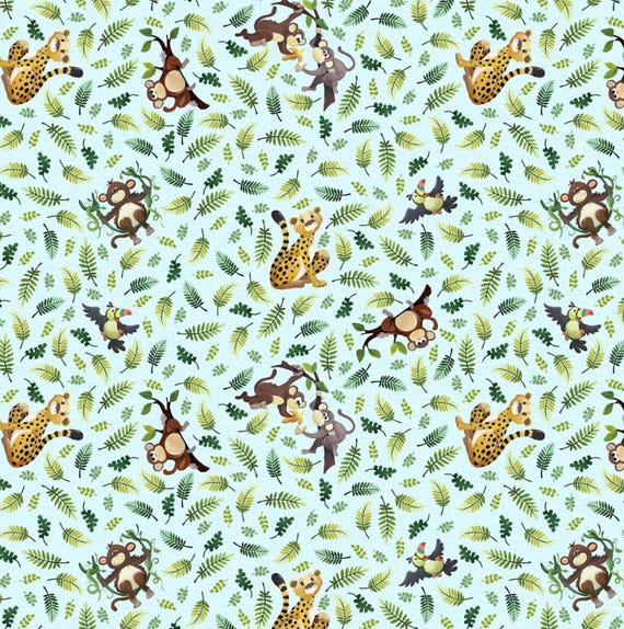 Clothworks SB20444-710 - Jungle Friends Tossed Animals Fabric – Light Blue Cotton