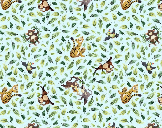Clothworks SB20444-710 - Jungle Friends Tossed Animals Fabric – Light Blue Cotton
