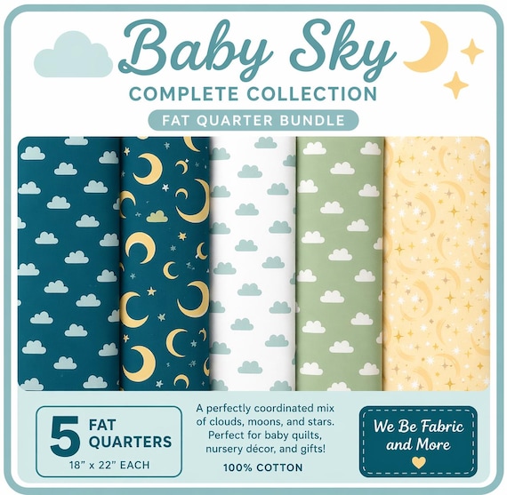 Baby Sky Complete Fabric Collection – Fat Quarter Bundle – Clouds, Moons & Stars Cotton Fabric – Nursery Quilt Fabric – 5 Piece Bundle