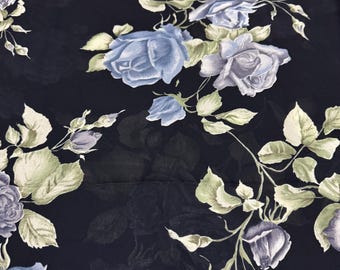 Blue & Gray Rose Floral Fabric on Black 340B
