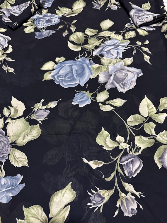 Blue & Gray Rose Floral Fabric on Black 340B