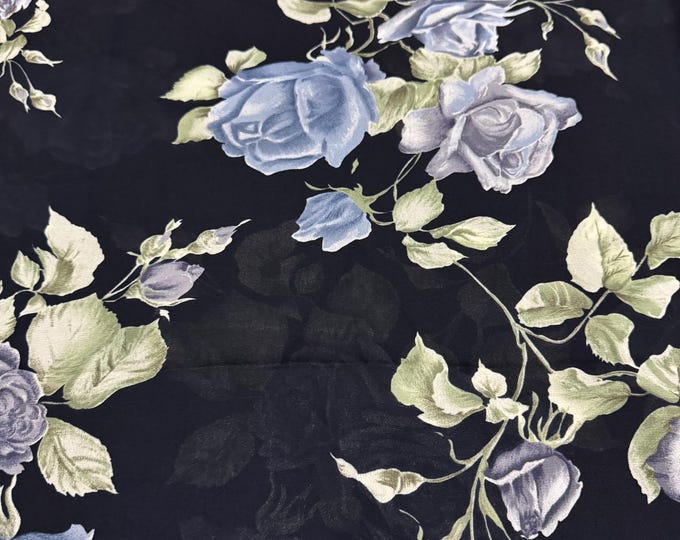 Blue & Gray Rose Floral Fabric on Black 340B