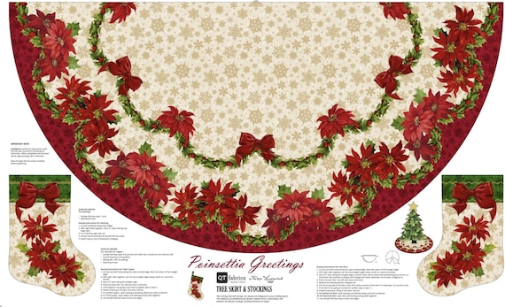 Poinsettia Greetings Tree Skirt Panel – Christmas Tree Skirt Fabric – Stocking Panel – Quilting Treasures Holiday Fabric