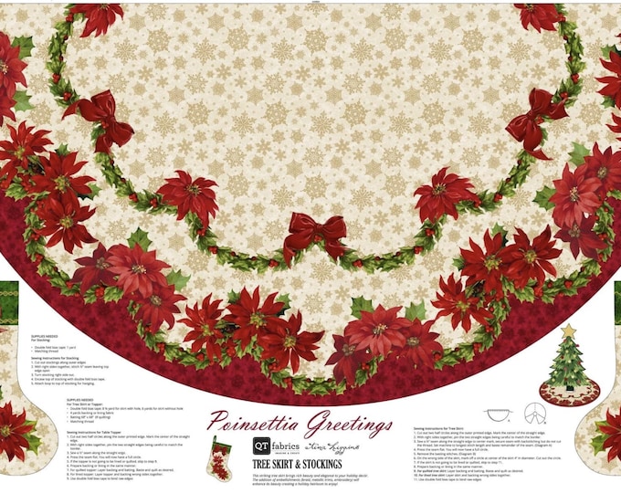 Poinsettia Greetings Tree Skirt Panel – Christmas Tree Skirt Fabric – Stocking Panel – Quilting Treasures Holiday Fabric