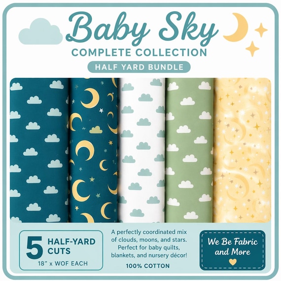 Baby Sky Complete Fabric Collection – Half Yard Bundle – Clouds, Moons & Stars Cotton Fabric – Nursery Quilt Fabric – 5 Half Yard Cuts