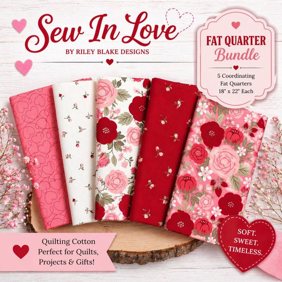 Riley Blake Sew In Love Fat Quarter Bundle, Valentine Fabric Bundle, Floral Heart Fabric, Quilting Cotton Bundle, Romantic Quilt Fabric
