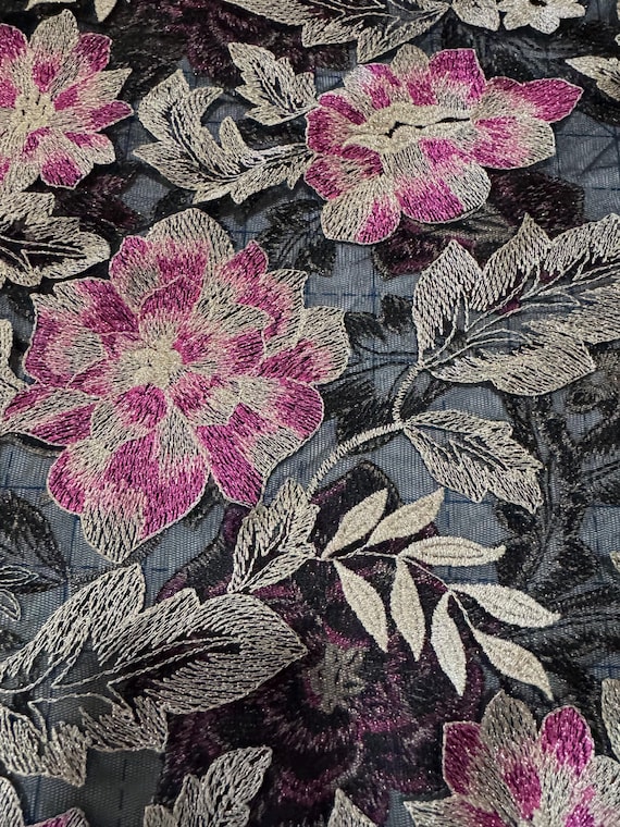 Black Floral Embroidered Mesh Fabric 218B