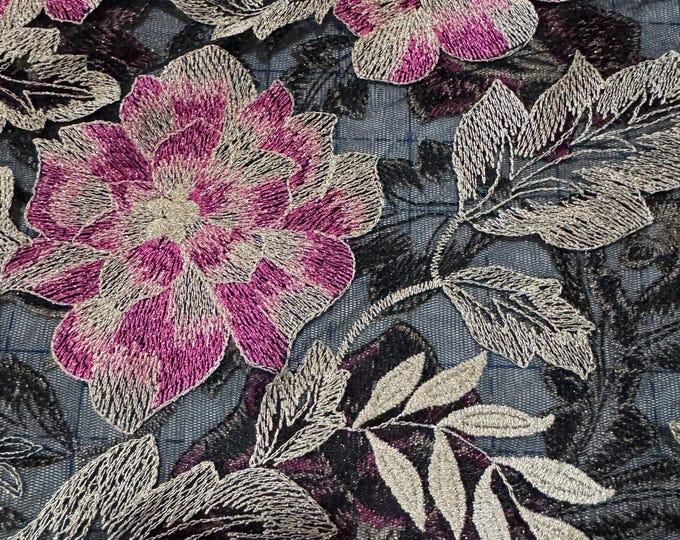 Black Floral Embroidered Mesh Fabric 218B