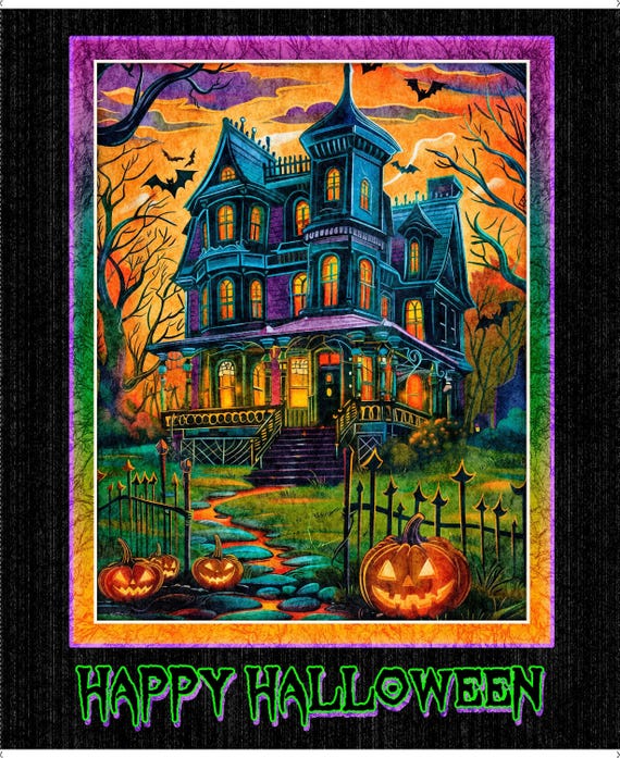 Happy Haunting Haunted Mansion Panel Fabric – Halloween Quilt Panel – Spooky Cute Cotton Fabric – QT Fabrics
