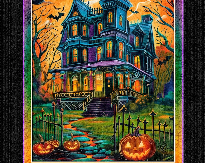 Happy Haunting Haunted Mansion Panel Fabric – Halloween Quilt Panel – Spooky Cute Cotton Fabric – QT Fabrics
