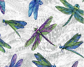 Large Dragonfly Fabric – On Dragonfly Wings Collection by Ann Lauer for Benartex - Q15