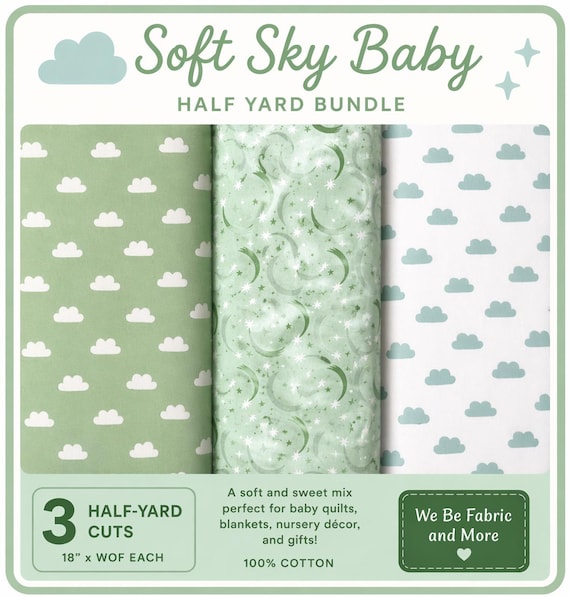 Soft Sky Baby Fabric Bundle – Half Yard Bundle – Clouds & Shooting Stars Cotton Fabric – Nursery Quilt Fabric – 3 Half Yard Cuts