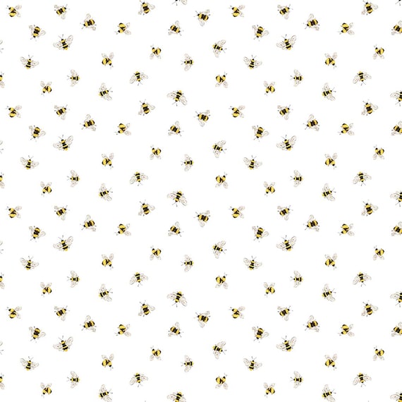 Sunflower Bouquets Digital Bees Fabric – Y3912-1 White by Clothworks -